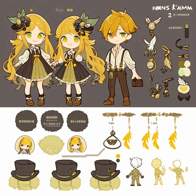 character sheet, knoling, clipart, inventory catalog, cute chibi character, golden wavy long hair, long bangs, yellow-green eyes, flat chest, beautiful young boy, gothic, frill, lace shirt, high West brown shorts, yellow bird, mimosa, yellow jewelry, ribbon