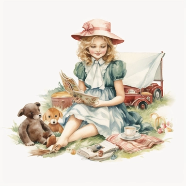 watercolor, hyper realistic, white background, white margins, 16k, ultra detailed clipart, cut out image, hand-drawn, whimsical a vintage child (40s) sitting on a vintage picnic blanket, enjoying a tea party with stuffed animals and a doll. Soft and muted tones, such as dusty rose, sage green, and pale yellow. Ultra HD, sharp line