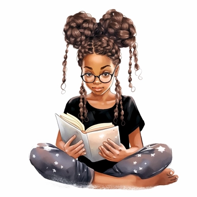 Watercolour Black Girl Reading Clipart, braids, reading in a fort, Girl Studying Clipart, Book Lover , Student Clipart, Reading Png,Bookworm, hd, white background, spaced out, pastel colors, cartoon realism details--ar 3:2