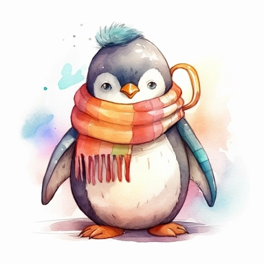 a cute penguin with a winter scarf and a hot cocoa mug, depicted in a whimsical, cartoon style, watercolor, The mood of the artwork is cheerful and playful, with a soft pastel color palette. The lighting style is bright and sunny, evoking a warm and inviting feeling. clipart design graphic, vector, contour, super cute, isolated white background, high quality, 2d, flat