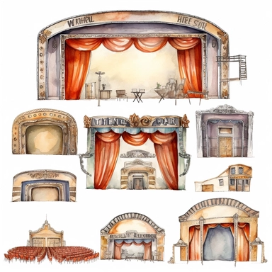 watercolor 1910s 1920s 1930s 1940s theatre stage, illustrations clipart set, simple, , cartoon elements ,different variants ,shows,separate elements with a margin