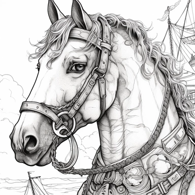 pirate horse with a scarred cheek in the art style of volk clip book hand drawn line work low detail colouring book