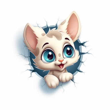 clipart, cute kawaii kitten sticking his head out of a hole in the wall, isolated on a white background, cartoon style, chibi style, vector, 3D, no shadows
