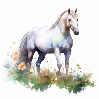 detailed watercolor clipart, photography style, beautiful horse, in a meadow, full body, spring floral,self shadow, white background
