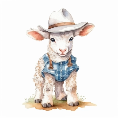 Baby sheep in a cowboy hat, full body, clip art, watercolor, clean, neat.