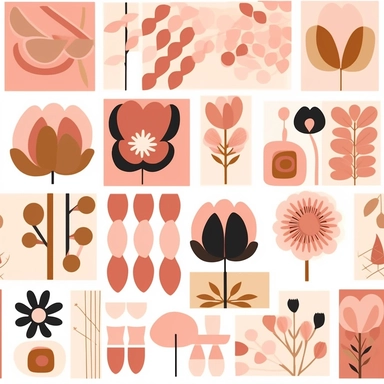 pink and brown flower clipart set, in the style of victor pasmore, light orange and light pink, free brushwork, henri rousseau, stencils, mural-like compositions, elsa beskow