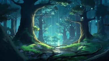 A captivating anime landscape of a mystical forest brimming with magic and wonder. The scene is bathed in the soft, ethereal glow of moonlight, which pierces through the dense canopy and illuminates the forest floor, casting long, dancing shadows. The towering trees are animated, their branches subtly swaying in the gentle breeze, their leaves shimmering in hues of emerald and jade. Hidden within the undergrowth, bioluminescent plants and magical creatures add an enchanting, otherworldly ambienc