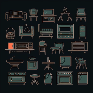 Home equipment - Furniture, modern industrial Style, clipart bundle, vector logo, vector art, vintage color style, black background, simple, cartoon, 2d