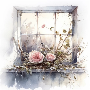 isolated on white illustration watercolor art of a white little windowsill with shelf, overgrown with white and light pink roses and flowers, covered with snow and ice, a lot of moss and branches, masterpiece by Tomasz Alen Kopera style and by Carl Holsoe style and by Hannah Dale style and by Alexander Jansson style, Baroque Architecture, PNG clipart, isolated on white, white background, extreme photorealistic details, 32k HD resolution, realistic high detailization high resolution