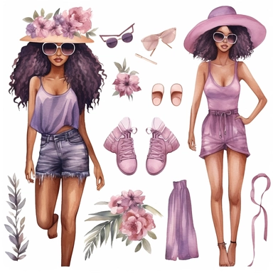 mauve, watercolor, summer vacation, black women, boho, clothing, clipart set