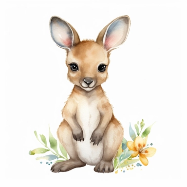a harmonious baby kangaroo with kind eyes clipart with watercolor illustration,full body shot,8k,etsy style, white background
