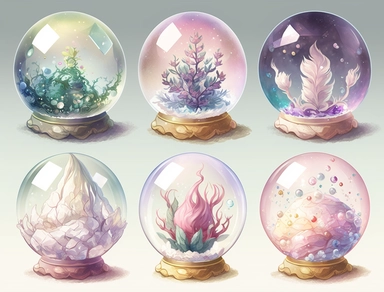 6 magical pastel crystal ball, pixel art style, clipart, deep colours, white background, watercolour illustration style, dreamy, clear border around, 8k, intricate detailed , 8k, png