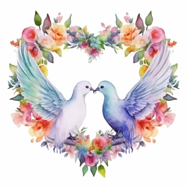 rainbow watercolor clipart of wedding doves kissing inside a floral heart wreath, colored ink illustration, good composition, vector, contour, isolated white background, 26k