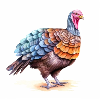 Thanksgiving turkey clipart, centered, white background, image only style by Lucy Fleming, watercolor, smooth gradients, black contour outline, ultra detailed, clipart elements, delicate pastel colors, solid white background, super clear, high quality