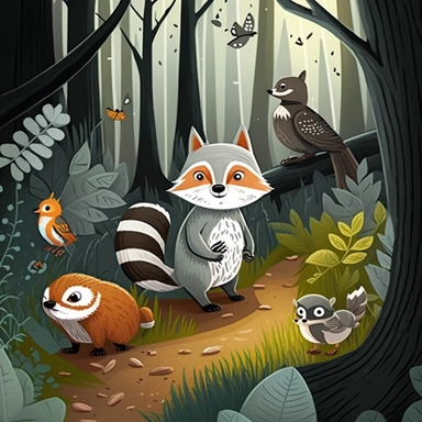 clipart illustration for kids' picturebook. brown fox, the gray owl, the white rabbit and the gray raccoon in the lush forest found a hidden path and decided to follow it
