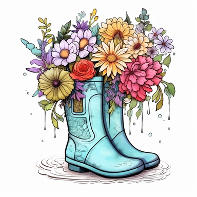 Garden Rain Boots Spring Sublimation style by Lucy Fleming, watercolor, smooth gradients, black contour outline, ultra detailed, clipart elements, delicate pastel colors, solid white background, super clear, high quality