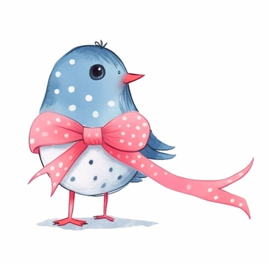 a bird, coral and blue colors, childrens book illustration style, simple, cute, full color, flat color, pink dot ribbon, watercolor, isolated white background, clipart, digital art, HD, clean line art