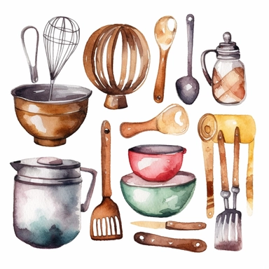 Watercolor kitchen utensils clipart for bakery decoration white background