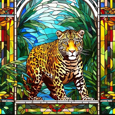 Rectangular stained glass window design, square corners 90 degrees, no background, view from solarium in the atrium, leopard in the rainforest, very detailed, clipart, clear crisp colors, photorealistic, oil paint, happy, beautiful, bright colors, cute, ultra-detailed, on a white background - - no cropping
