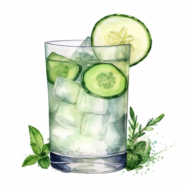 Cucumber Cooler: A cooling drink made with muddled cucumber, gin, lime juice, simple syrup, and soda water.watercolor, clipart