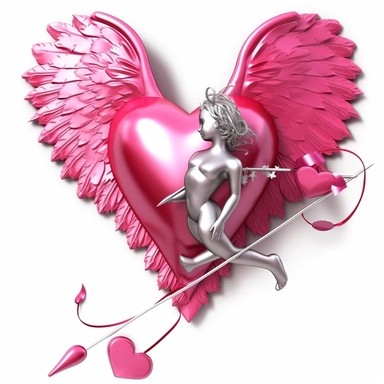 Cupid, fuchsia colour, silver wings, love theme, hearts coming out the arrow. Clip art