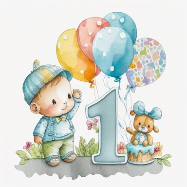 cute childish cartoon watercolor clipart for a baby for 1 year old - birthday sublimation png