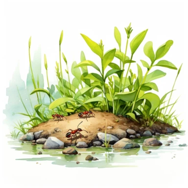 Edward Hopper style, cute ants walking on the grass, dirt in the garden, sophisticated vibes, watercolor, white background for clip art, high quality, fine lines