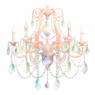 Pastel watercolor Victorian Crystal Chandelier A mesmerizing crystal chandelier with a delicate metal frame adorned with sparkling pastel-hued crystals that create a subtle and enchanting glow clipart isolated on white background, Pale peach and light turquoise with subtle hints of shimmering silver pastel color palette, in brush style of Willem Haenraets, clean edges around image, in the style of pastel watercolor illustrations, feminine sensibilities, detailed illustrations, heavy shading, del