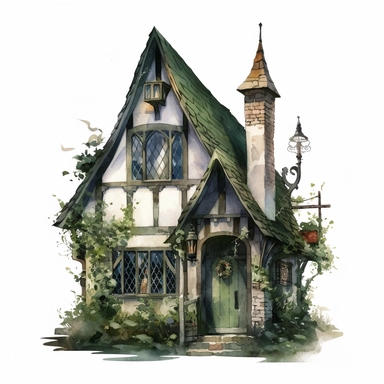 hyperrealistic high detailed dark academia vintage green witches cottage, watercolor clipart, white background