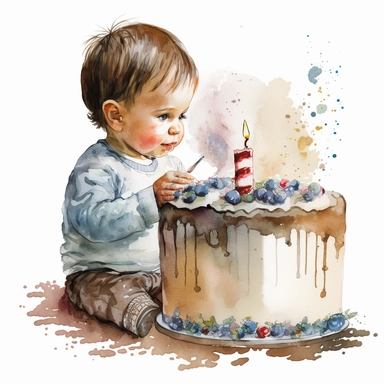 a first birthday cake with watercolor effect,a little happy boy blowing the candle,suitable for digital clipart,white background,a one birthday candle on the cake