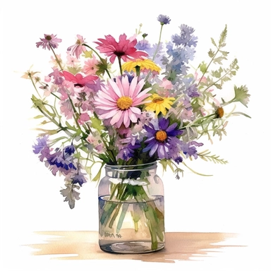 a large wildflower bouquet bursting from a transparent glass jar, set against a pure white background. The scene combines the charm and whimsy of clipart with the refined detail of a realistic watercolor painting. The lighting is gentle, enhancing the bright, vivid colors of the wildflowers and casting soft shadows. Using a wide-angle lens, capture the entire composition to display the overflowing bouquet in its full glory