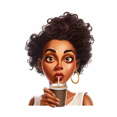illustration clipart of african american woman full lips, chocolate skin, hair pulled into a messy bun, big dark brown eyes, drinking tea straw in mouth cartoonish