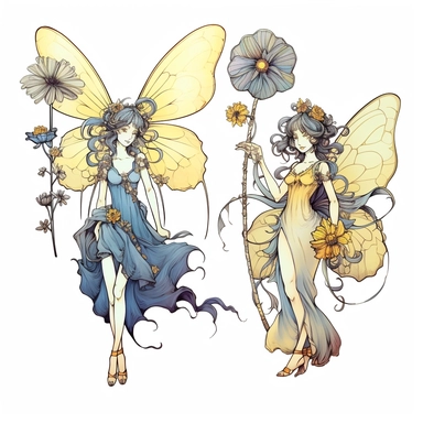 Clipart of summer fairy butterflies and flowers, in the style of watercolour, clean outline, magical, enchanted,
