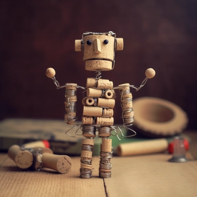 raw minimalist African toy made of corks, capsules, paper clips, wire, rubber bands, tickets, cardboard, cans, sticks, toothpicks, nuts, springs