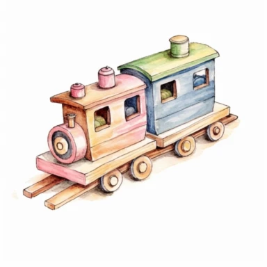 Clipart aquarelle, wooden train toy with wagons on a trail, for little todler, neutral colors, minimalistic, adorable, shabby