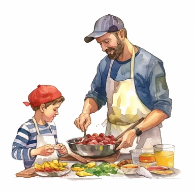 A father and son cooking together in the kitchen, wearing chef hats and aprons, Watercolor, Clipart, detailed, high resolution, transparent background PNG
