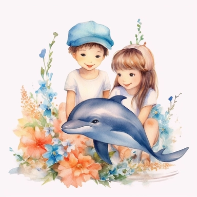 watercolor beauty girl and boy playing with dolphins, shells and flowers clipart on white background