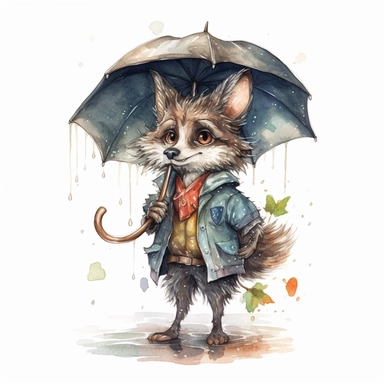 Cute Adorable magical little Werewolf holds laterally a umbrella in his hand wears a raincape and stand in the rain on a country road, clipart, photorealistic illustration, watercolor, high detail, 8k polished, 8k, vibrant colors, white background