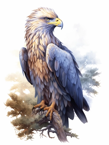 an art nouveau advertising poster of a regal looking eagle, clipart png, realistic, digital painting, WHITE BACKGROUND, fantasy style, realistic, painting, watercolor, 8k, ultra details,