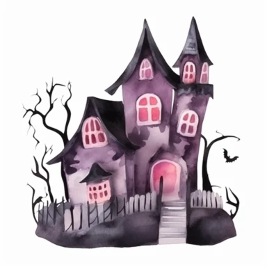 Halloween scary house, dark pink and gray color, watercolor, clipart, illustration, white background