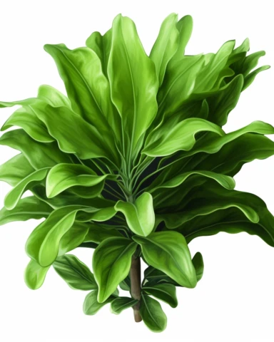 green jungle plant, clipart illustration, photorealistic, oil paint, happy, beautiful, vibrant colors, cute, ultra detailed, on white background--no cut off