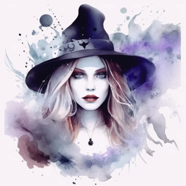 Clipart, watercolor, white background: A gothic witch with pale skin and dark lipstick, surrounded by a swirling mist and mysterious symbols drawn in the air.