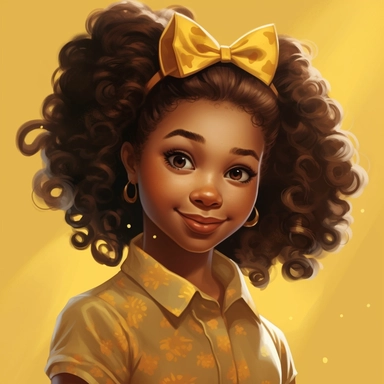illustration concept of cartoon african girl with a bow clip art, in the style of lilia alvarado, yellow and gold, poodlepunk, walt disney, realistic portrait drawings, charming anime characters, 32k uhd