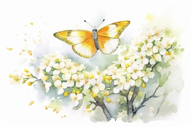 Watercolor, Generate an image of a Dainty Sulphur butterfly feeding on a cluster of blooming flowers, clipart, hd, on a white background, spaced out