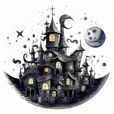 creepy magic witch's house crescent moon and stars clipart, detailed, white background, illustration painting, collaged constructions, digital art, watercolor, in the style of sculptural and geometric, forced perspective drawings, Geometric brushstrokes form an intriguingly abstract, in the style of dark fantasy, creepy frightening repulsive images, frightening, painterly figure, by Pablo Picasso, by Wassily Kandinsky, by Zdzisław Beksiński
