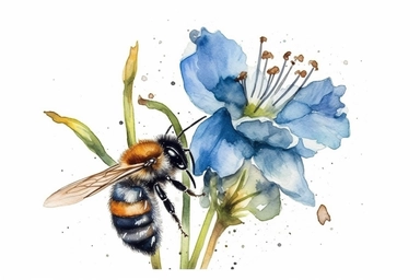 Aquarelle Bumble Bee Clipart on a flax flower, detailed painting, white background, single design, isolated white background, 8k, spaced out