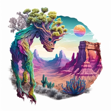 Boho style illustration, clipart, sublimation painting. An alien in the Grand Canyon National Park in Arizona. Bright colorful colors on a White empty background, high quality 8k, high quality detail