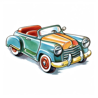 Vintage Hand painted clipart of a Metal toy pull along car in the style of vintage nursery kitsch Lefton, retro midcentury 1950’s, white background, contour