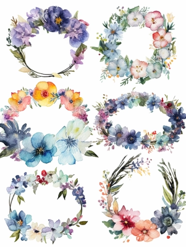 Watercolor clipart set with white background, floral crowns, cute and adorable, flat design, clearly defined separated image, high quality