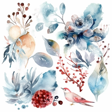 6 watercolor fancy winter clipart, isolated on white background,space out--ar3:2--s1000